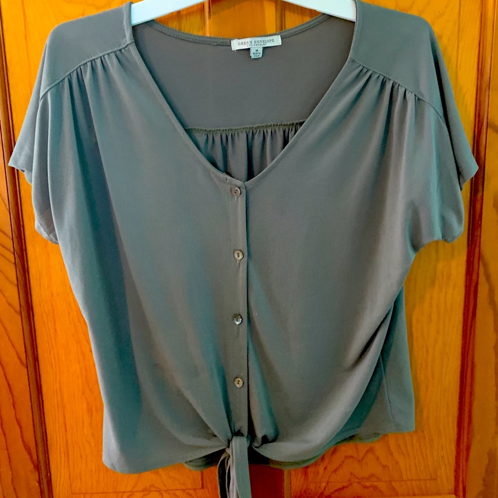 Green envelope tie button down short sleeve shirt